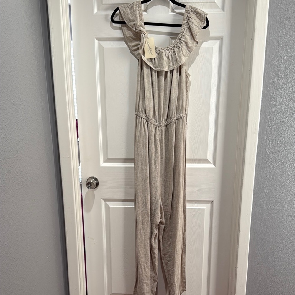 Universal Thread Elegant Beige Jumpsuit with Ruffle Neckline